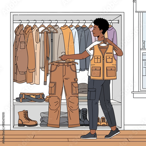 Man choosing clothes from a wardrobe, outfit selection, daily dressing