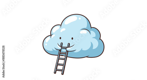 A cute, cartoonish cloud character with a smiling face climbs a ladder towards its own fluffy body.