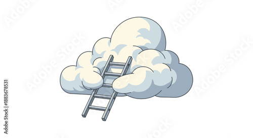 A metal ladder leans against a fluffy white cloud, suggesting a path to the sky or a dreamlike ascent.