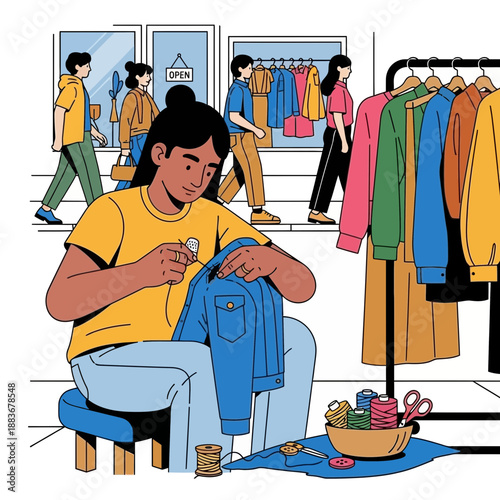 Woman sewing denim jacket in clothing store