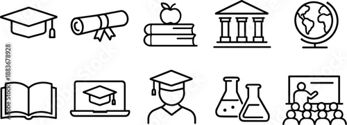 Set of black line icons representing higher education and academic learning including graduation cap, diploma, books, school building, globe, open book, online course, student, laboratory flasks, and 