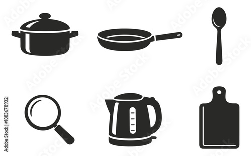 Modern solid icon kitchen and home essentials set featuring various cooking tools and a magnifying glass for everyday use