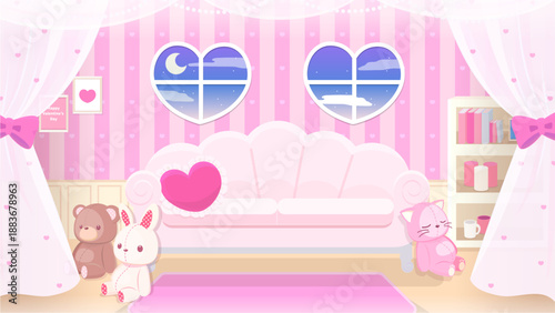 バレンタインデーに使えるハートの窓の可愛い部屋の背景素材  ピンク夜