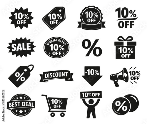 Modern graphic discount promotion icons set featuring various symbols, labels, and badges for online shopping and retail promotions