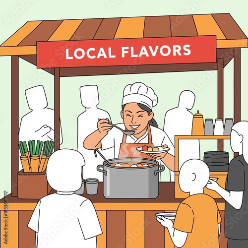 Chef serving soup at local flavors food stall, people queuing