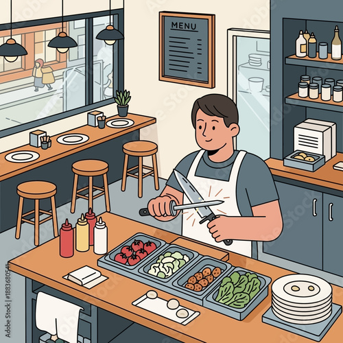 Chef sharpening knife in restaurant kitchen with fresh ingredients