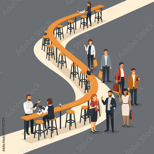 People queuing at a modern bar counter in isometric view
