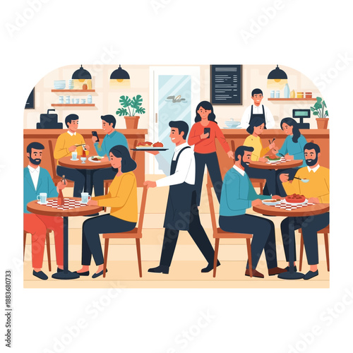 Restaurant Scene with Waiter Serving Customers