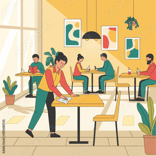 Restaurant worker cleaning tables, patrons eating and reading