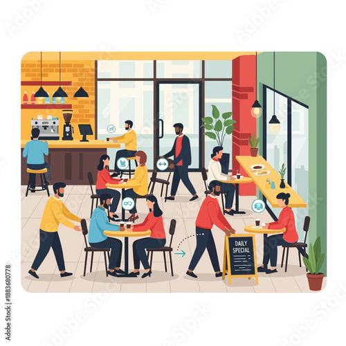 Social distancing in cafe, people maintaining distance for safety