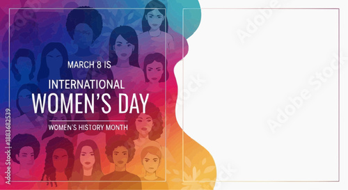 Diverse women's faces empowered and united celebrating International Women's Day with solidarity against a colorful floral gradient background [with copy space]