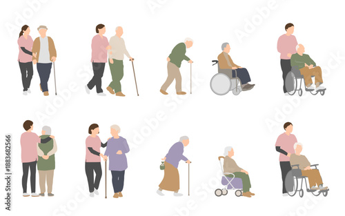 老人ホームや介護施設で高齢者の移動や生活をサポートするスタッフのイラスト