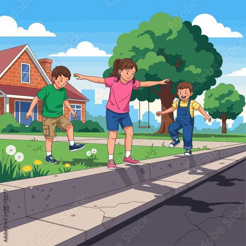 Children balancing on sidewalk curb outdoors, playing near house, summer day