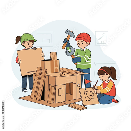 Children building cardboard fort, creative play, teamwork, indoor activity