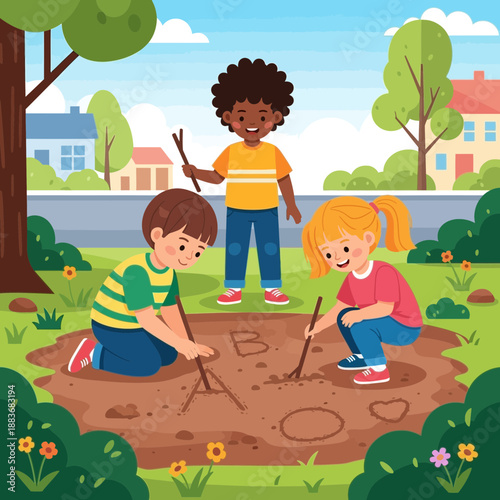 Children drawing letters in dirt with sticks