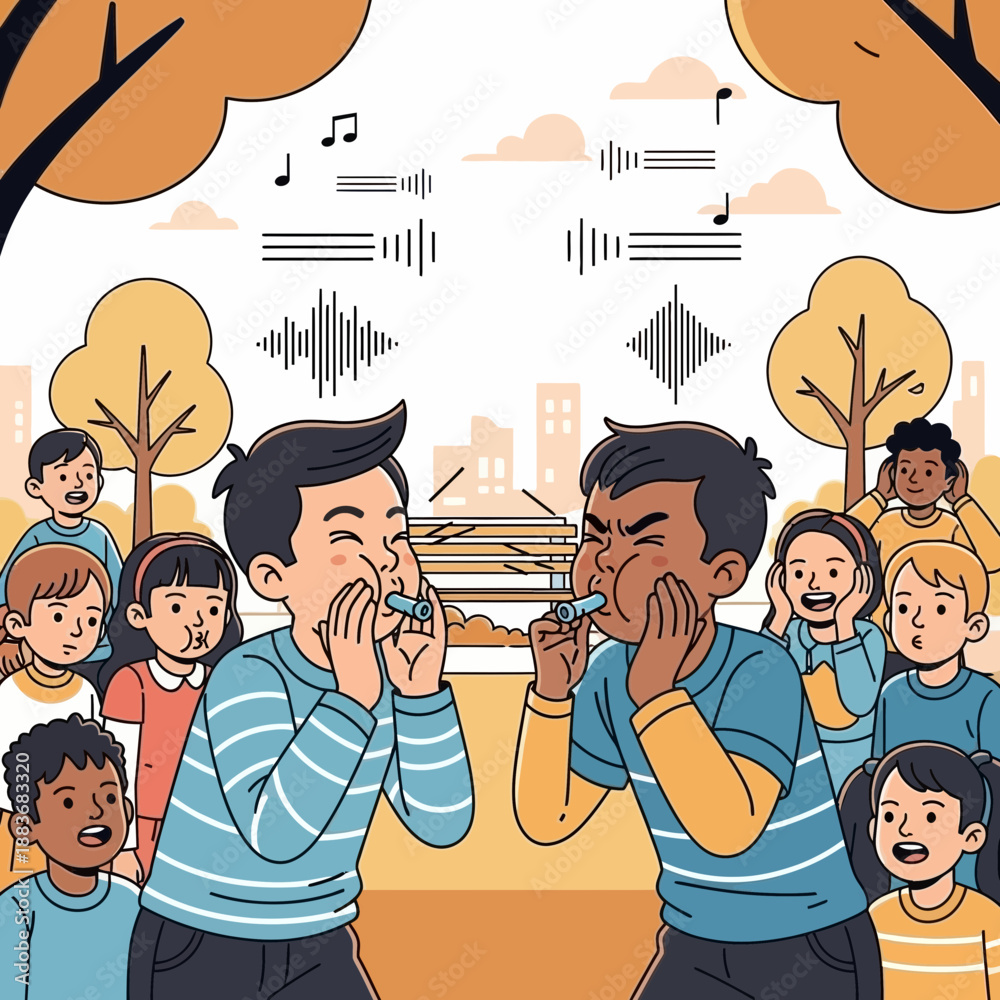 Obraz premium Children playing musical instruments in park, sound waves and notes illustration