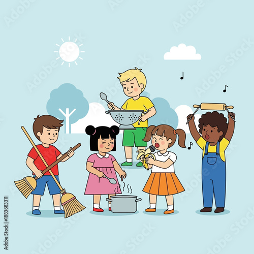 Children playing music and cooking outdoors
