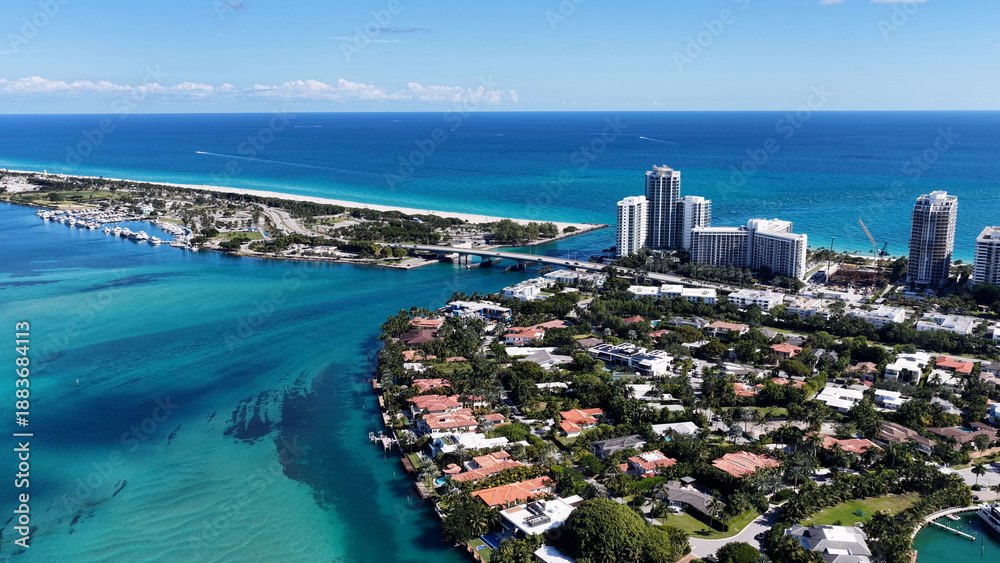 Fototapeta premium Sunny Isles Skyline At Sunny Isles Beach In Florida United States. Scenic Highrise Buildings. Beautiful Skyline. Big City Landscape. Sunny Isles Skyline At Sunny Isles Beach In Florida. Urban Beach.