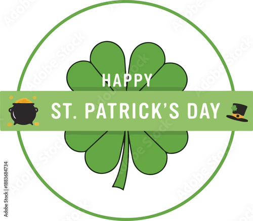 A vibrant green shamrock graphic illustration with 'Happy St. Patrick's Day' banner, symbolizing luck and Irish heritage in a circular frame.