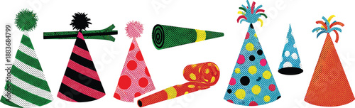 A vibrant collection of colorful party hats and festive accessories on a plain white background viewed from directly above