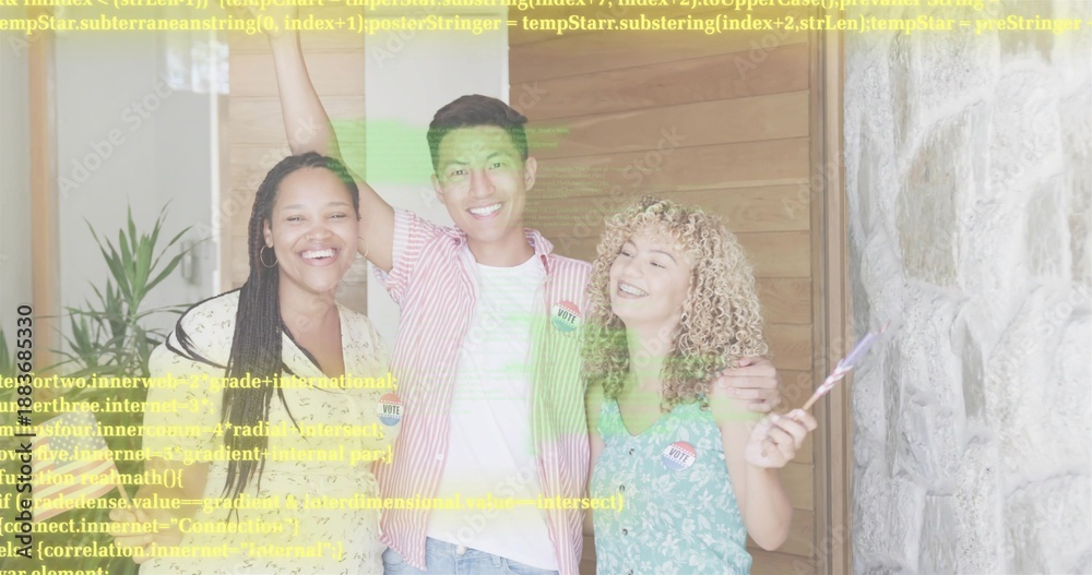 Fototapeta premium Posing trio wearing striped shirt, yellow top, green dress at wooden door with stickers and overlay