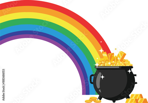 A vibrant rainbow arching over a pot of gold, symbolizing luck and fortune in a whimsical illustration.