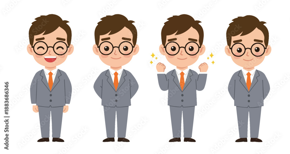 Fototapeta premium Cartoon Businessman Character Set: Happy, Determined, and Professional Poses in a Suit