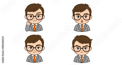 Cartoon Businessman Avatar Set: Thinking, Surprised, Skeptical, and Angry Expressions
