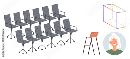 Office design, furniture arrangement, education visual aids, creative professional spaces, human , conceptual art. Multiple office chairs, stool geometric cube senior woman icon. Office design