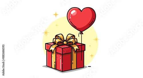 A festive red gift box adorned with a golden ribbon, topped with a heart-shaped balloon, surrounded by subtle sparkling accents on a soft yellow background, perfect for expressing love and celebration