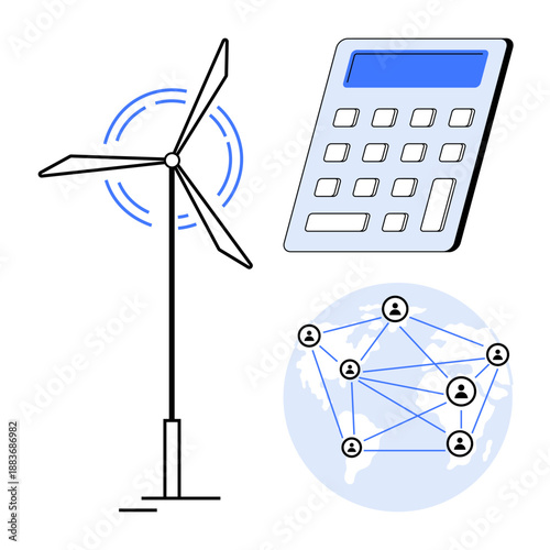 Renewable energy, technology, global communication, business efficiency, sustainable solutions, digital tools. Visual elements include a wind turbine, calculator and network connections. Renewable
