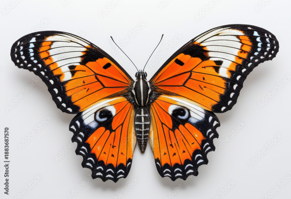 Fototapeta premium Colobura dirce butterfly with open wings, top view on white background, closeup photography