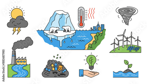 Climate Change Icons Representing Weather and Pollution.