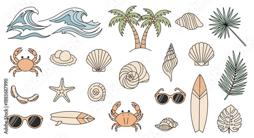 Collection of Beach Themed Illustrations and Icons.