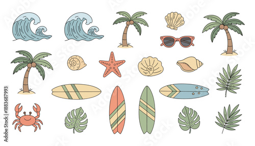 Collection of Beach Themed Cartoon Elements.