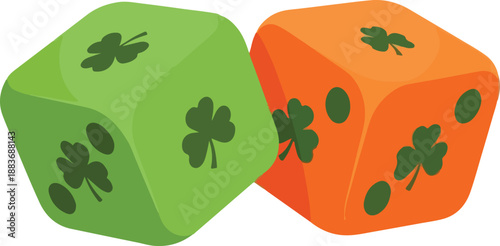 Two colorful dice with shamrocks on their faces, symbolizing luck and chance in a playful illustration