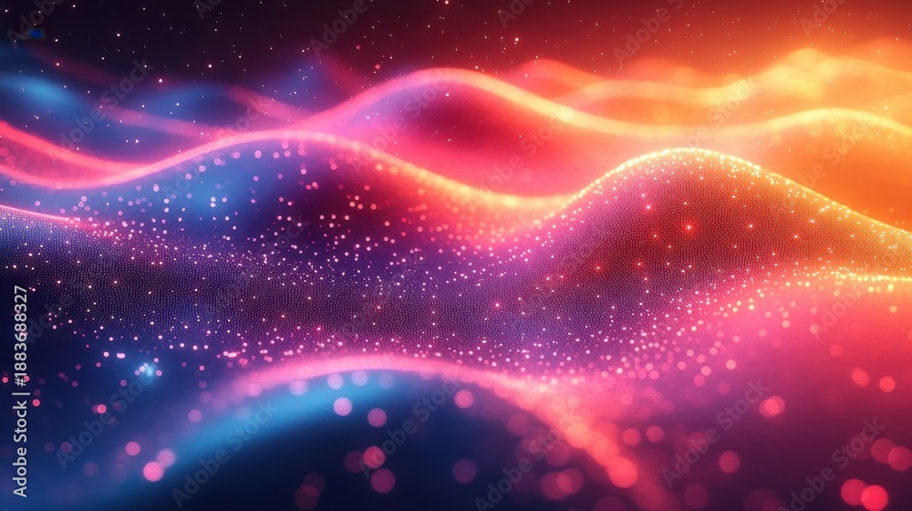 Obraz premium Vibrant Glowing Particles Forming Wavy Abstract Landscape with Orange and Blue Hues in Dark Space