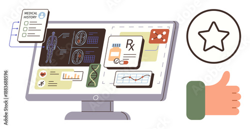Digital health, data management, telemedicine, patient analysis, medical advancements, healthcare ratings. A screen showing medical charts, history data and approval icons. Digital health and data
