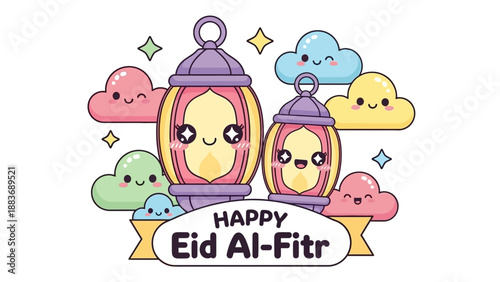 Celebrating Eid Al-Fitr with Cartoon Lanterns and Clouds in a Joyful Illustration