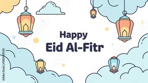 Celebrating Eid Al-Fitr with lanterns floating among clouds in a serene illustration