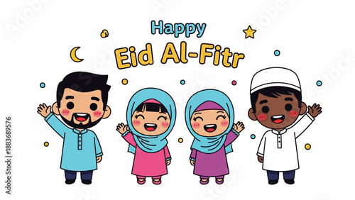 Celebrating Eid Al-Fitr with joyful people wearing traditional clothing and headscarves together