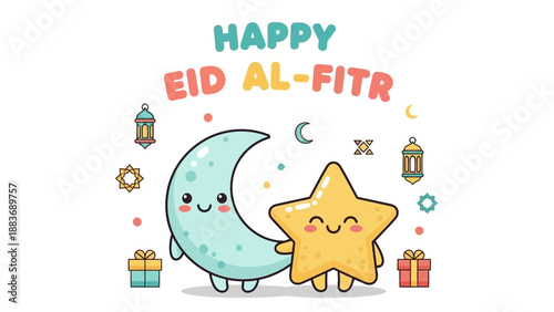 Celebrating Eid al-Fitr with cartoon moon and star characters surrounded by festive decorations and gifts