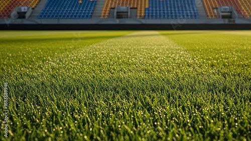 Close up of vibrant green stadium grass with bright sunlight and seating
