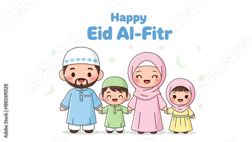 A cartoon family in traditional clothing celebrating Eid Al-Fitr together with joy and festive decorations around them in a lively illustration