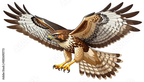 A raptor with brown and white feathers, mid-flight, displaying large outstretched wings against a white backdrop