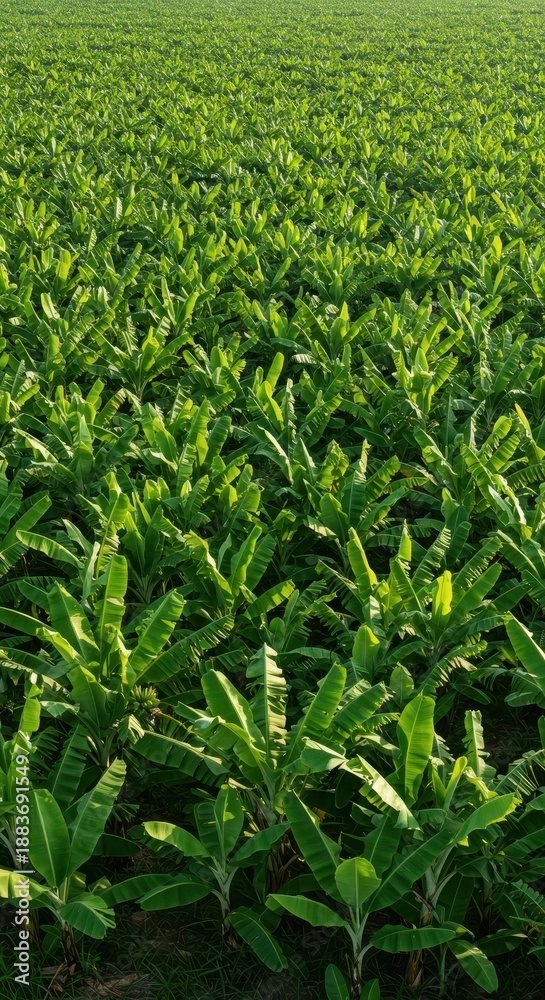 Fototapeta premium Vast rows of verdant banana plants under the warm sun, showing the intense tropical agriculture and healthy fruit growth, texture, harvest, botany