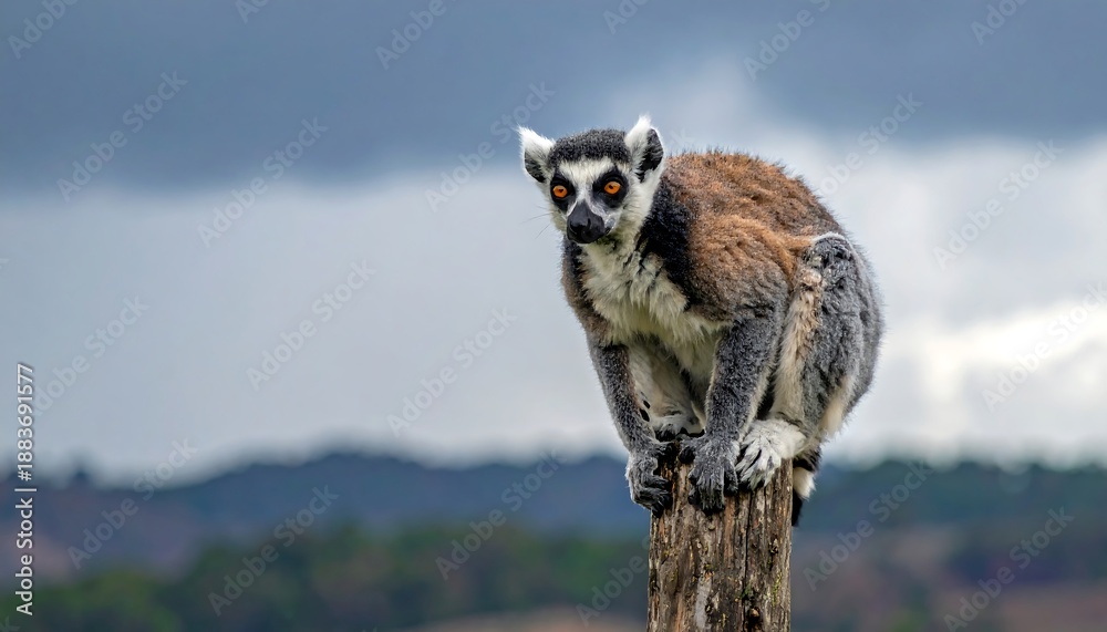 Fototapeta premium A ring-tailed primate sits atop a weathered wooden post, gazing intently. The overcast sky and blurred landscape provide a soft backdrop