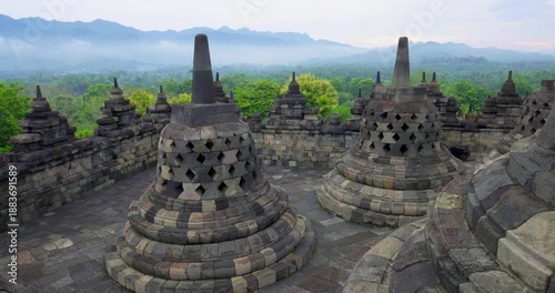 Stone Stupas of Borobudur Temple at Sunrise, Indonesia
