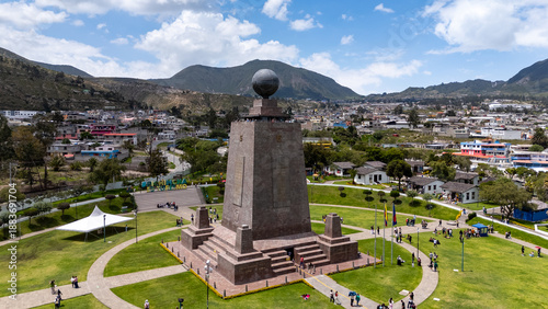 Obraz na płótnie Aerial view of the Mitad del Mundo monument near Quito, Ecuador, marking the equatorial line dividing the Northern and Southern Hemispheres