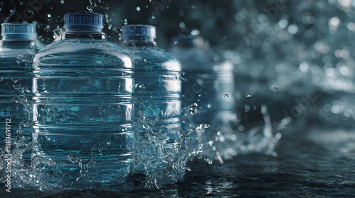 acercamiento de garrafones transparentes o contenedores llenos de agua potable para beber sobre charcos de agua sobre salpicaduras de agua limpia © Erika